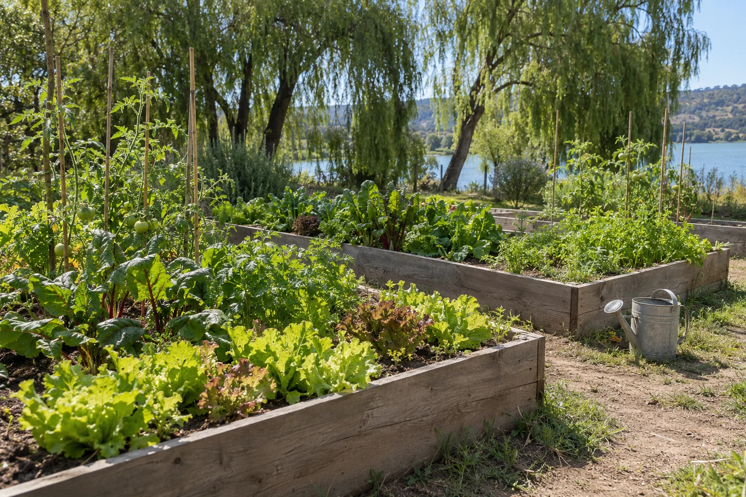 Huerto de hortalizas en bancales de madera, con senderos de tierra y sauces junto a un lago